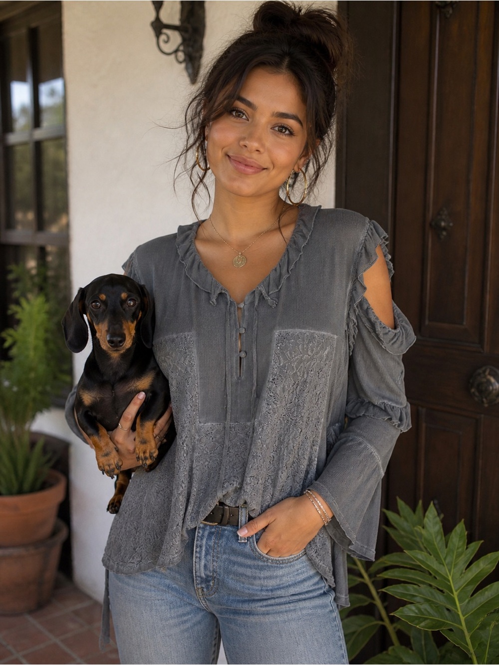 POL Charcoal Ruffled Cold Shoulder Blouse nwot